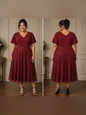 Elegant Burgundy Midi Dress XXL